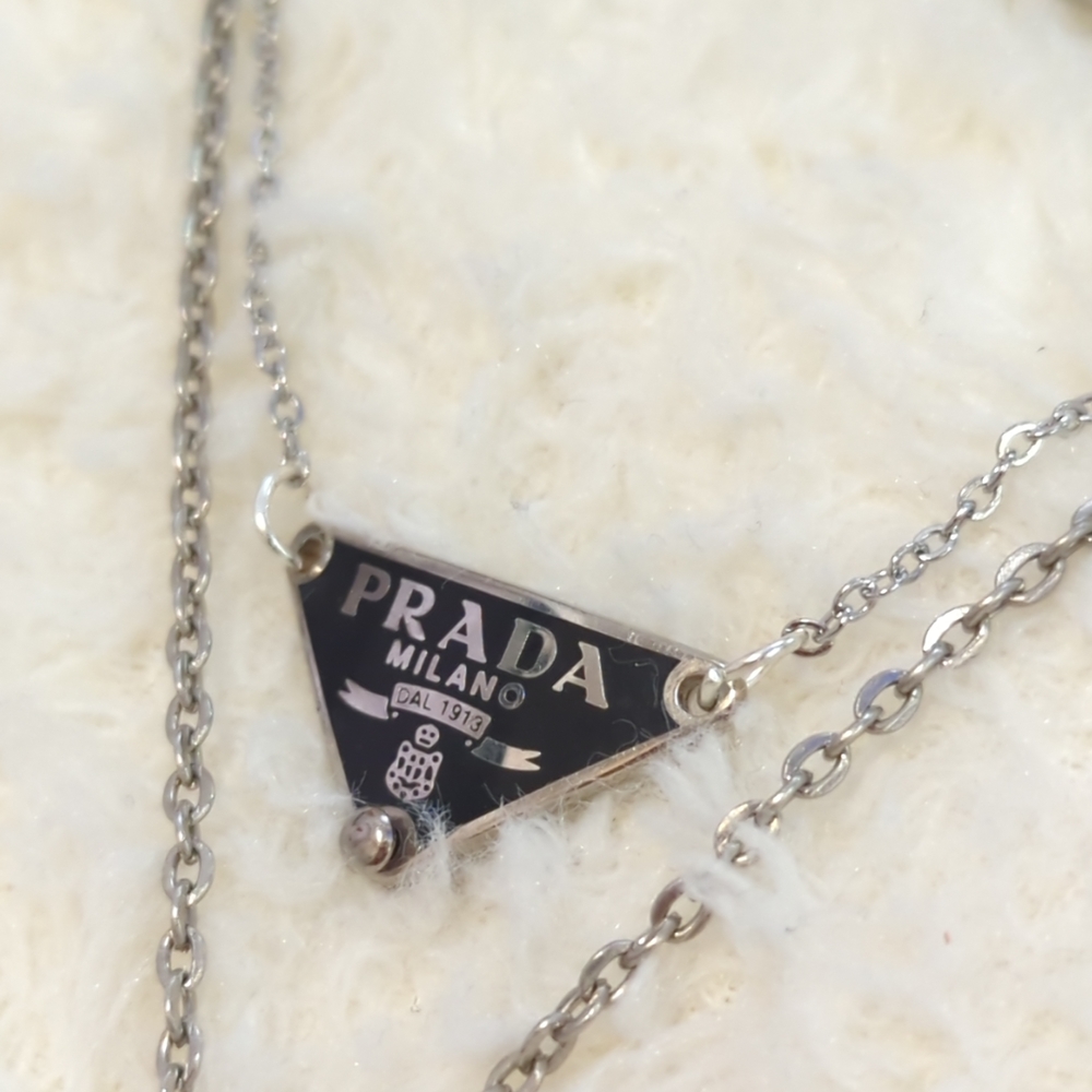 Prada Silver Black Triangle Logo Upcycled Layered Necklace Lock Chain Authentic - Picture 2 of 4